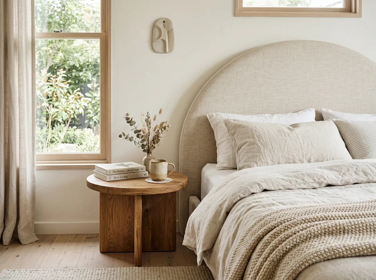 Round wooden nightstand with ceramic mug next to a soft curved headboard in a cocoon bedroom