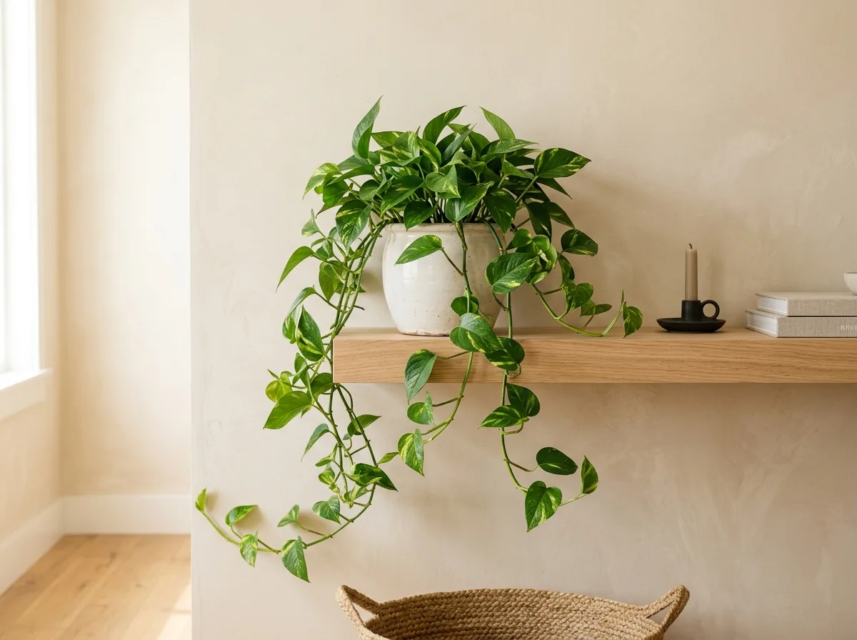 Lush green trailing pothos plant in ceramic pot on wooden bedroom shelf