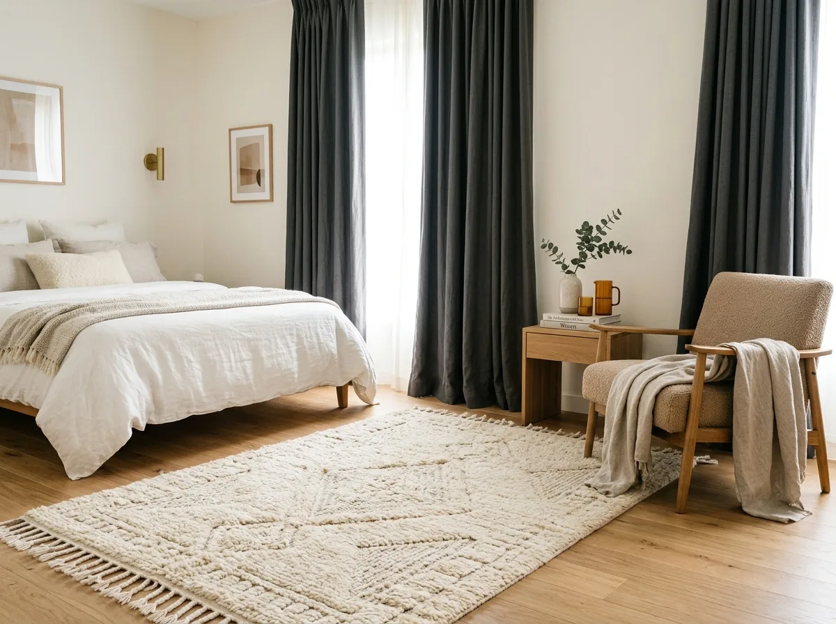 Plush thick woven wool area rug on hardwood floor beside heavy blackout curtains