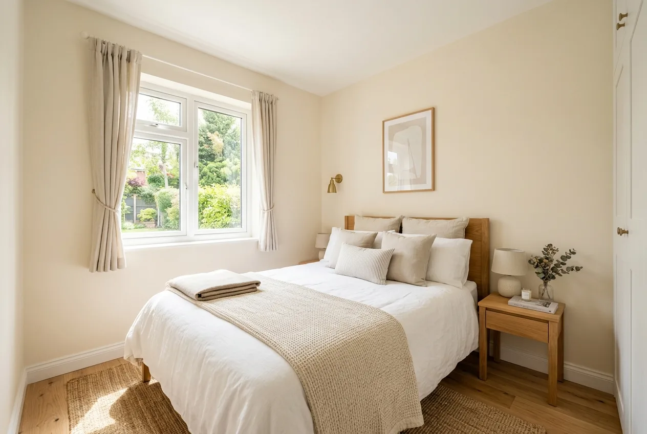 Soft warm cream wall paint reflecting daylight in a compact bedroom