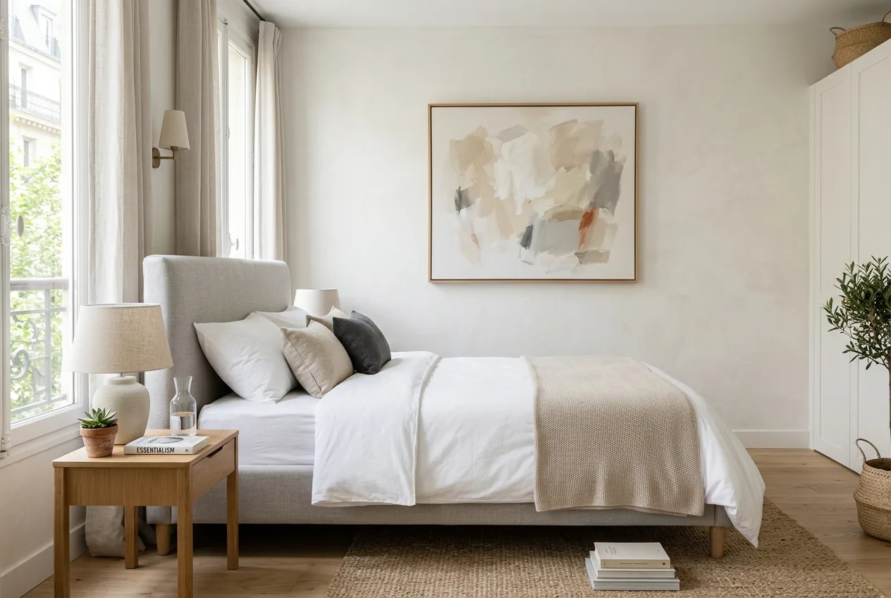 Single large minimalist canvas artwork centered above a bed headboard