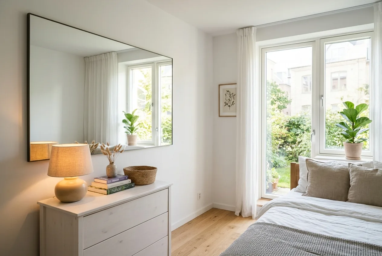 Large rectangular wall mirror placed opposite a window in a small bedroom