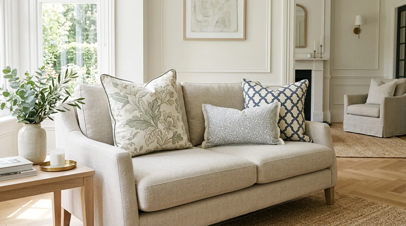 Neutral living room sofa styled with throw pillows of varying pattern scales from large botanical to small micro-print