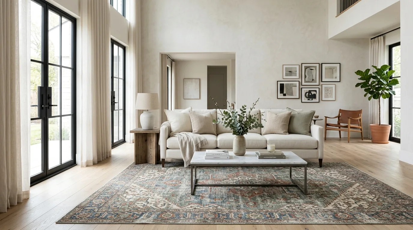 Intricate vintage Persian area rug paired with a solid cream linen sofa and minimalist coffee table