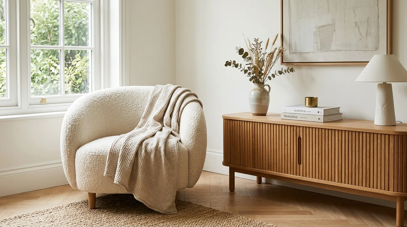 Textured cream boucle armchair, Belgian linen throw, and fluted oak wood console on herringbone flooring