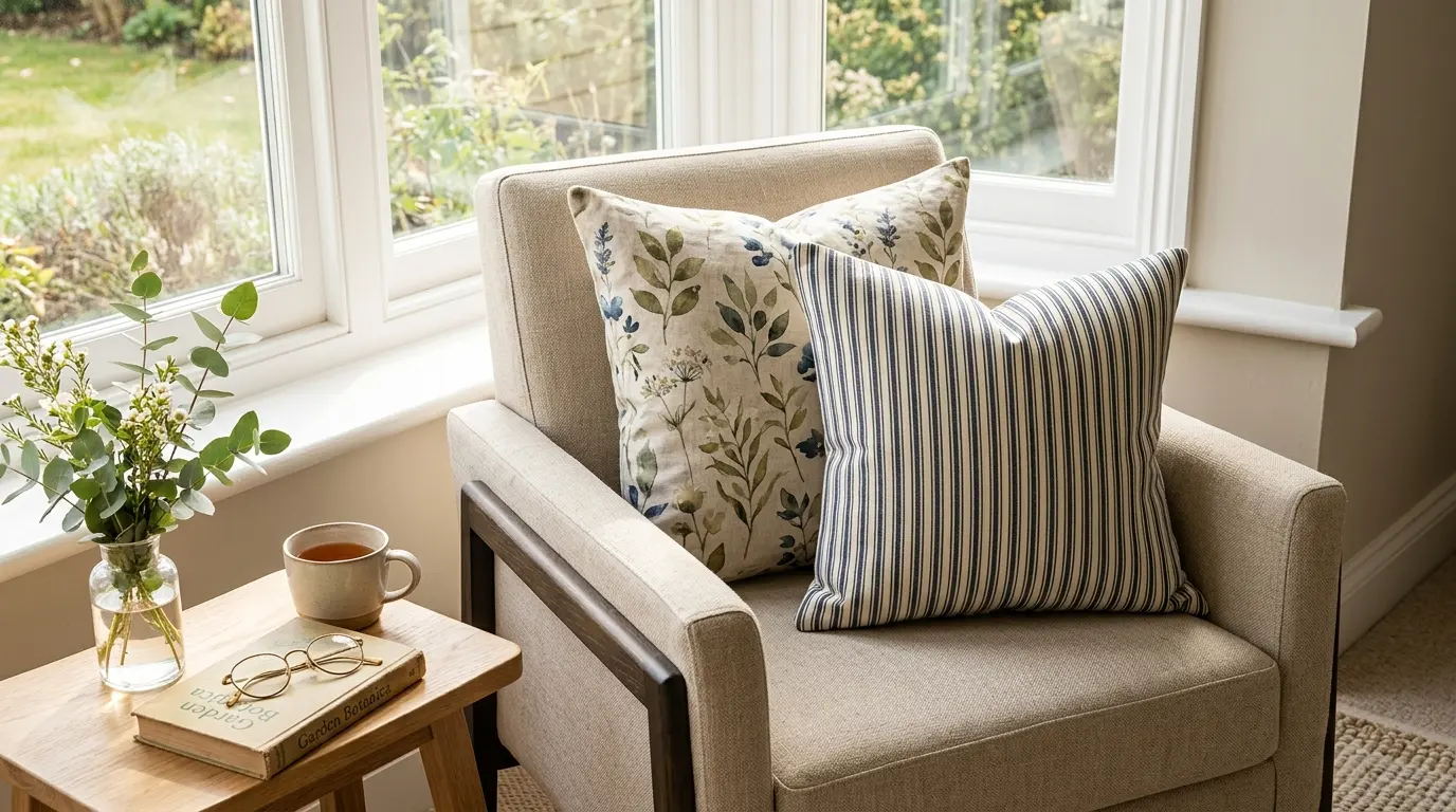 Classic tailored ticking stripe cushion paired with a muted botanical floral linen pillow on a neutral armchair