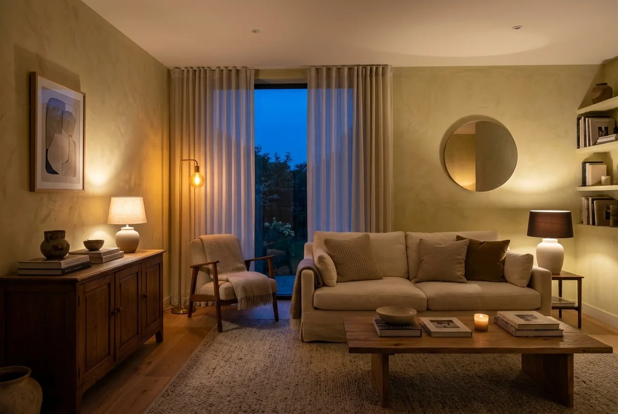 Balanced evening living room ambiance with warm dimmable lamps and soft glow