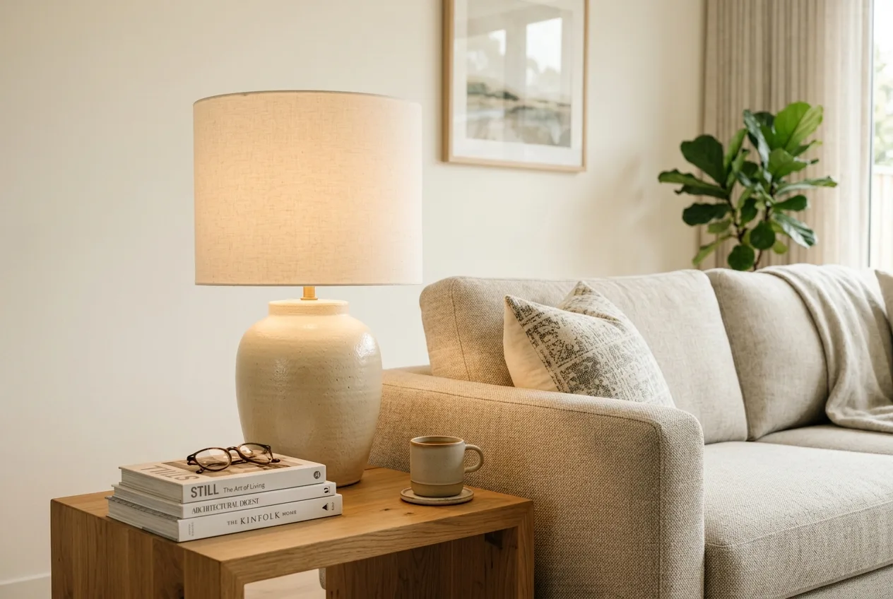 Side table lamp positioned at seated eye level next to a living room couch to prevent glare