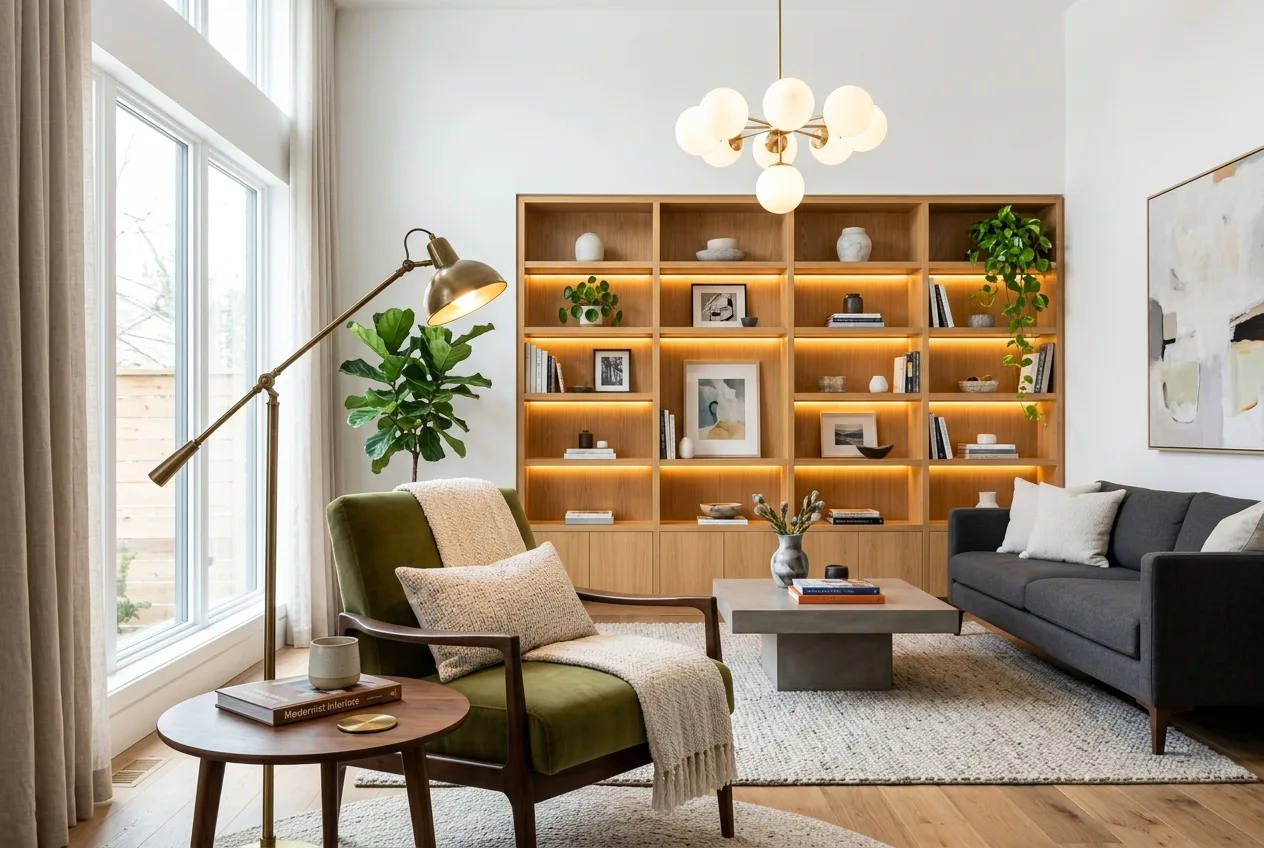 Layered living room lighting setup combining ambient pendant lighting, task reading lamp, and bookshelf accent light