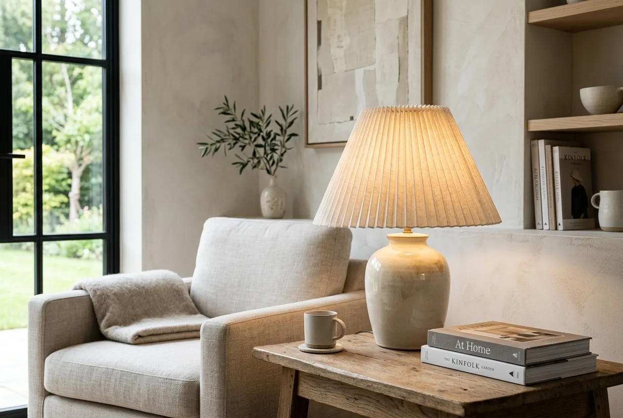 Textured pleated linen lampshade diffusing warm golden light in a living room