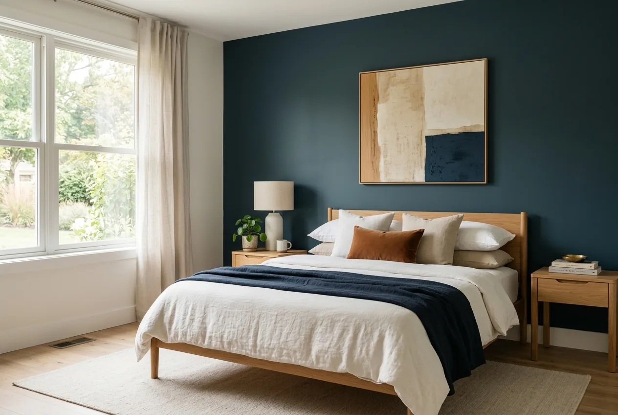 Matte dark teal-navy wall finish in a moody blue bedroom with soft warm daylight