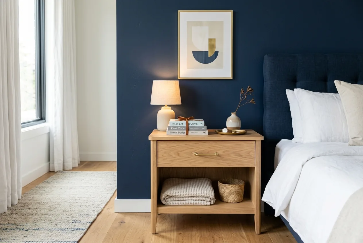 Pale oak wooden nightstand with brass pull against navy blue bedroom wall