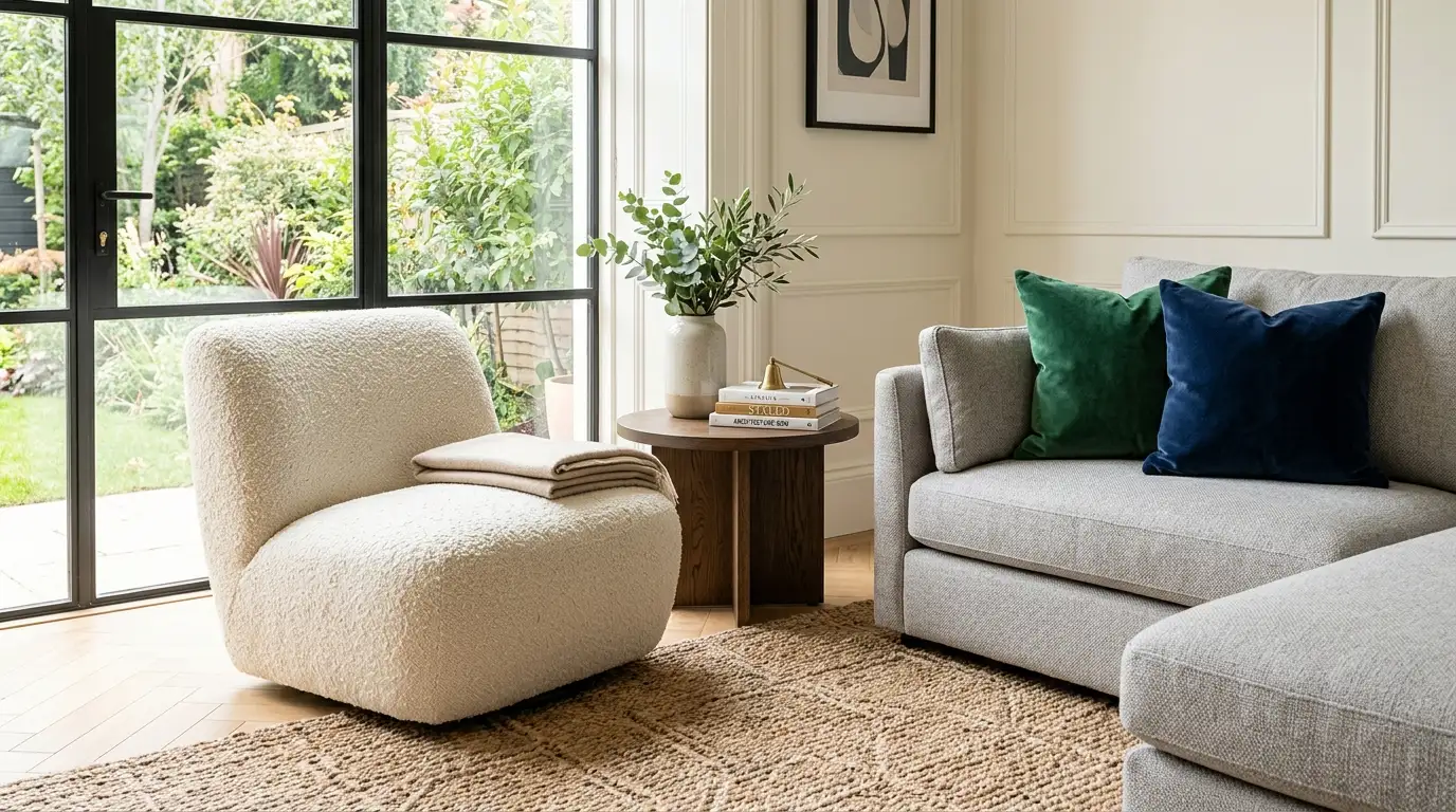 Creamy boucle accent chair and textured woven sofa illustrating the 60-30-10 fabric ratio