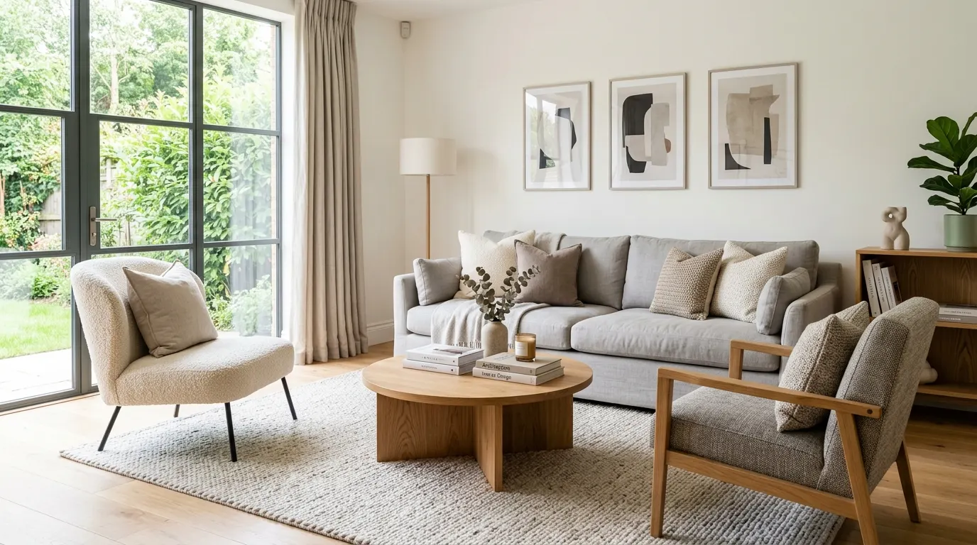 Two textured accent chairs angled inward facing a sofa to form a conversational seating layout