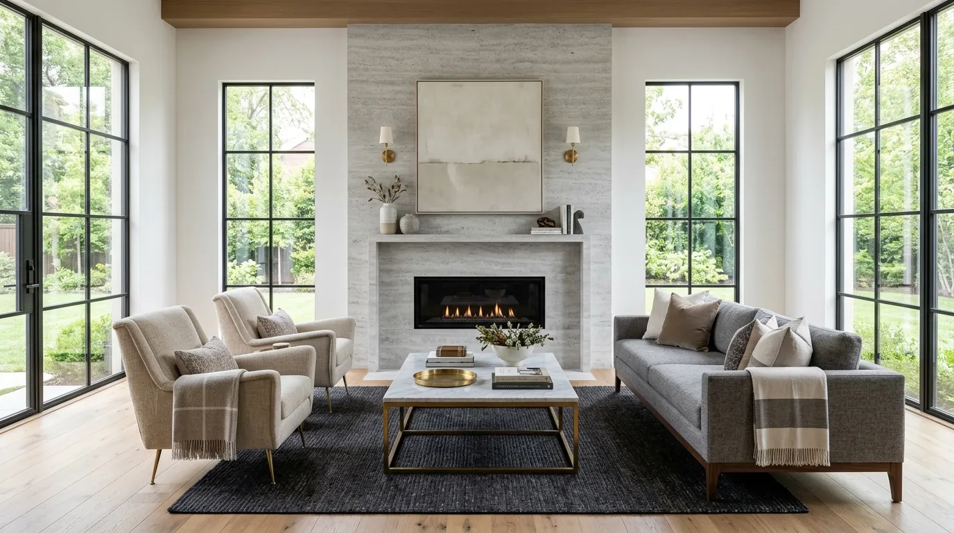 A symmetrical living room floor plan with a main sofa facing two matching accent chairs