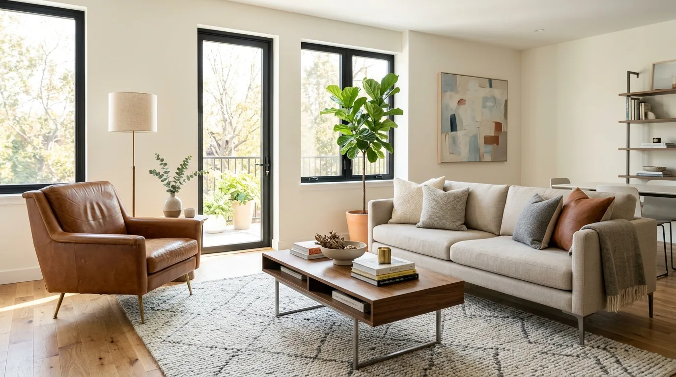 Vintage leather armchair paired with a contemporary neutral linen sofa in a bright living room