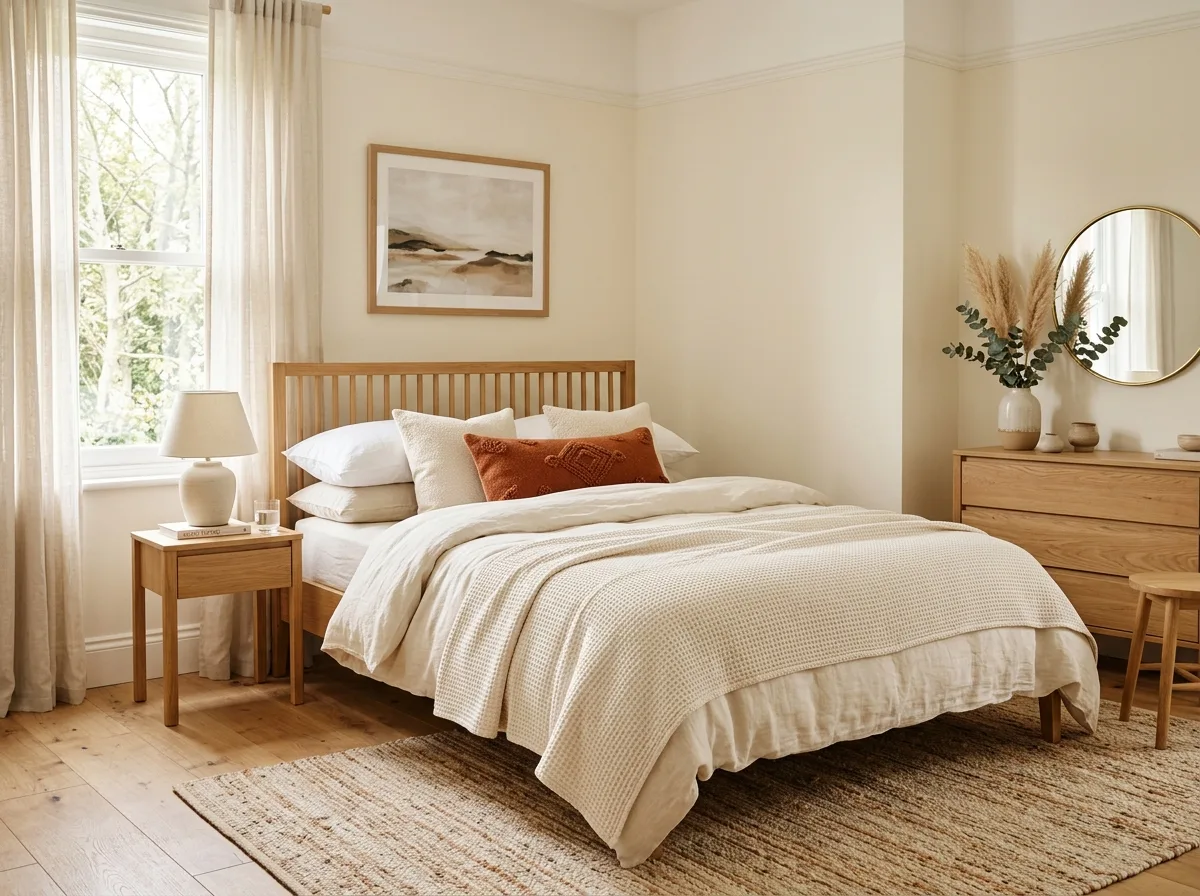Cozy bedroom styled with a warm color palette including soft greige walls, terracotta accents, and natural wood