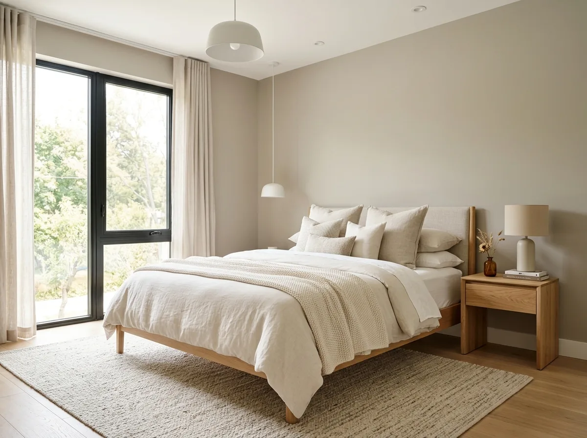 Bedroom walls painted in a soft warm greige tone with layered cream bedding and natural oak furniture