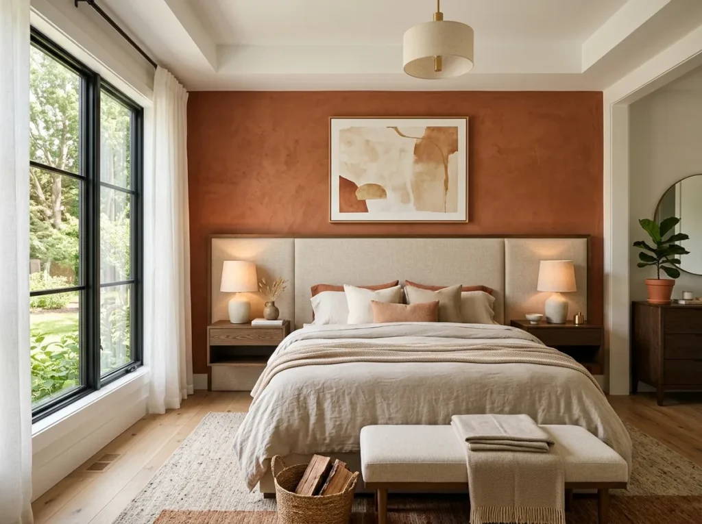Terracotta accent wall in a modern bedroom paired with neutral linen bedding and warm lighting